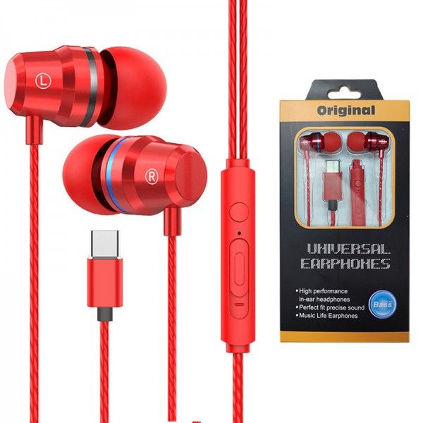 Heavy bass metal type-C earphone in ear for Huawei p30pro Xiaomi LETV mobile phone flat earphone