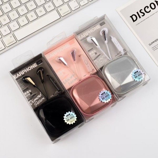 Ed-1021 new small fragrance earphone solid color with storage box wired 3.5 music earplug universal earphone